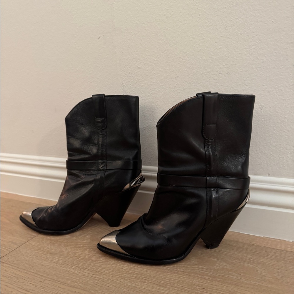 Isabel Marant Black Leather Heeled Boots with Silver Tips